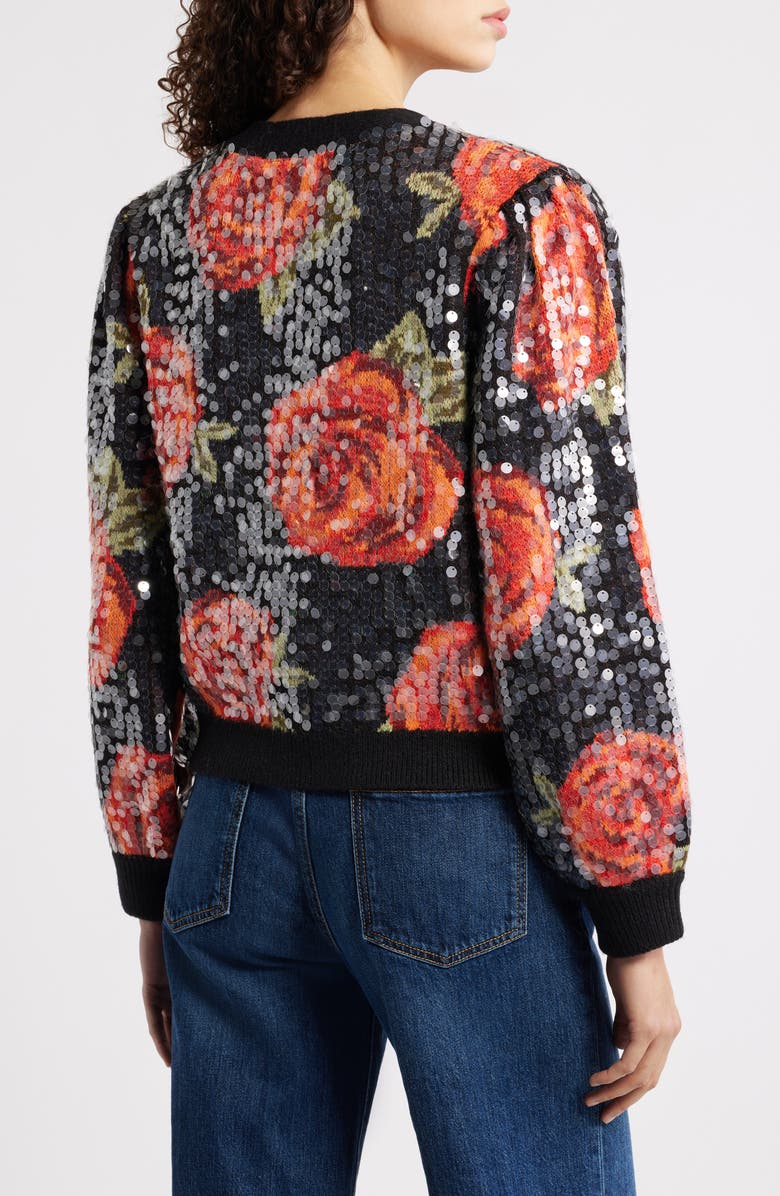 FARM Rio Latin Roses Sequin Knit Cardigan, Alternate, color, Black