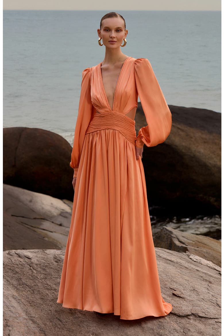 Satin Sunset Long Sleeve Gown, Alternate, color, ORANGE