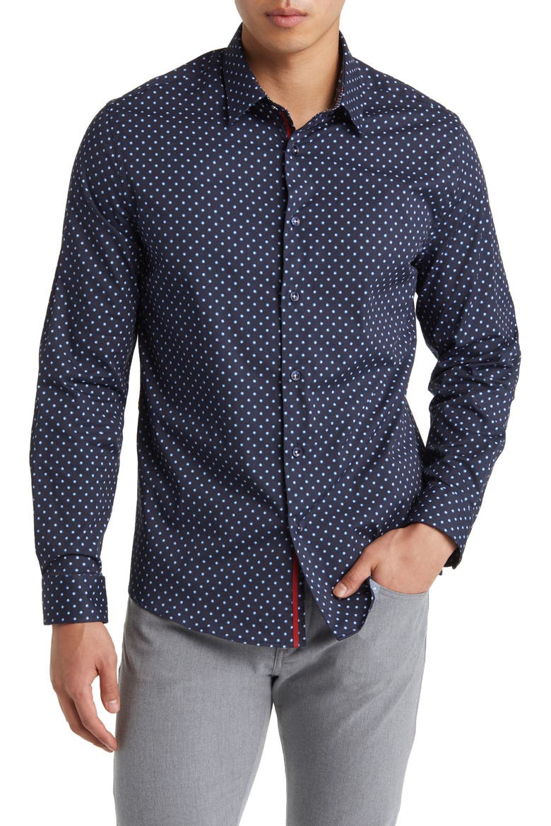 Painted Dot Print Stretch Cotton Button-Up Shirt, Main, color, NAVY