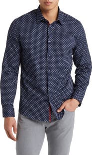 Stone Rose Painted Dot Print Stretch Cotton Button-Up Shirt
