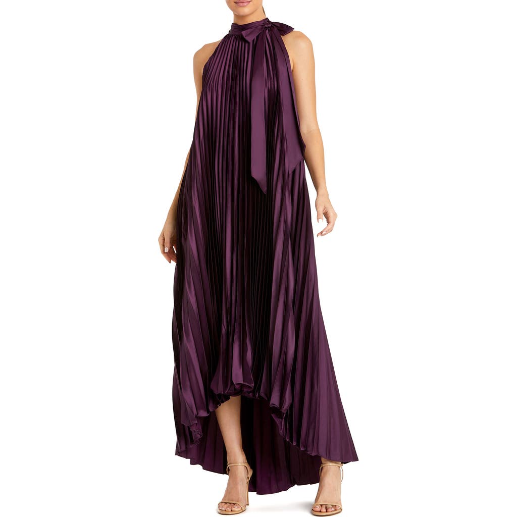 Mac Duggal Pleated Halter Neck High Low Gown In Purple