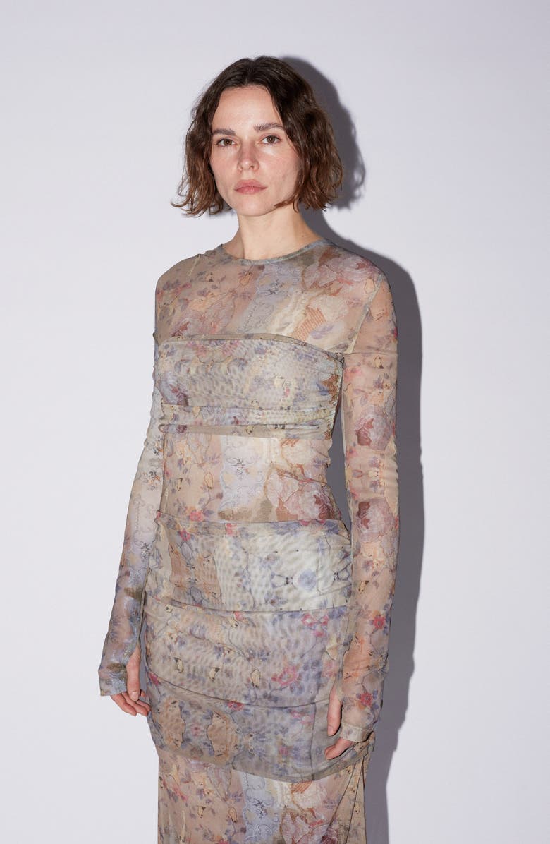 SAEMDI Floral Draped Mesh Dress, Alternate, color, Beige Floral Print