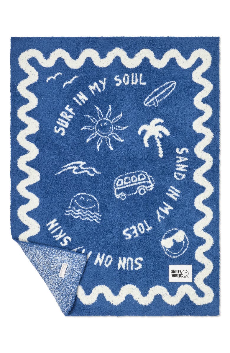 Barefoot Dreams<sup>®</sup> CozyChic<sup>®</sup> SmileyWorld Surf Stroller Blanket, Alternate, color, Azure Tide-Cream