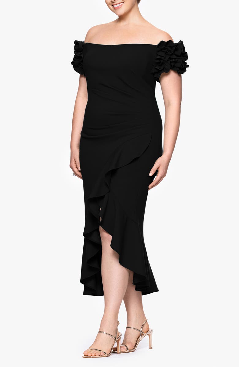 Xscape Evenings Pleated Ruffle Off the Shoulder Midi Dress, Alternate, color,