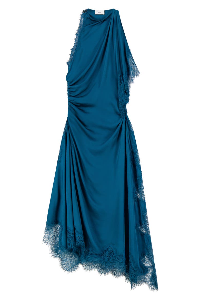 Miriam Lace Trim Asymmetrical Midi Dress, Alternate, color, LIGHT TEAL/ LIGHT TEAL