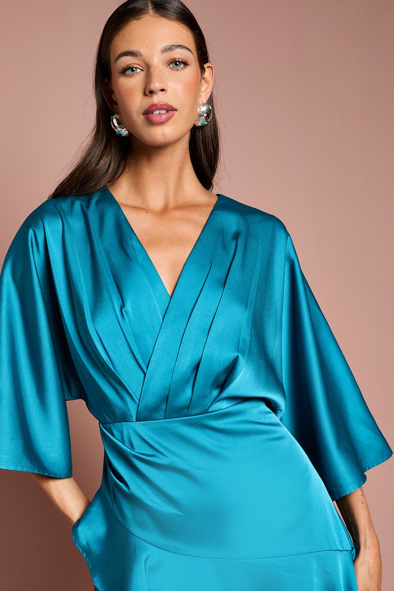 Satin Crepe Ruffle Wrap Midi Dress, Alternate, color, Teal