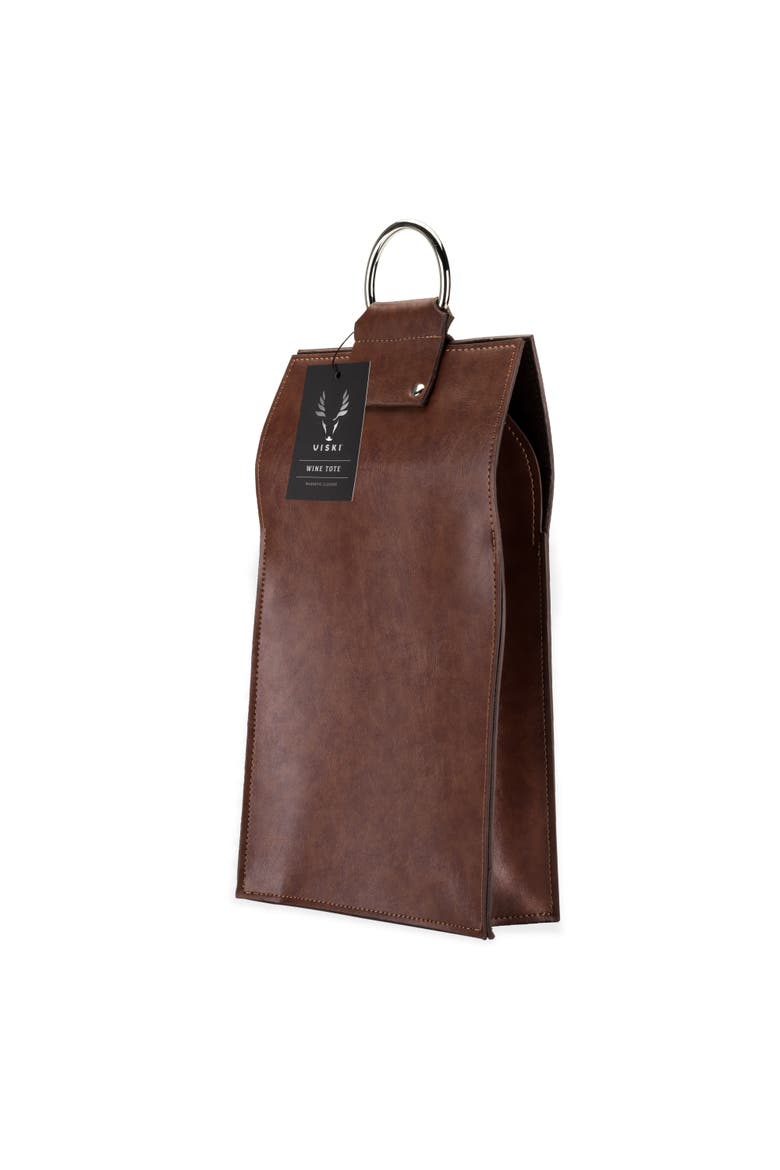 Brown Double-Bottle Wine Tote in Faux Leather, Alternate, color, Brown