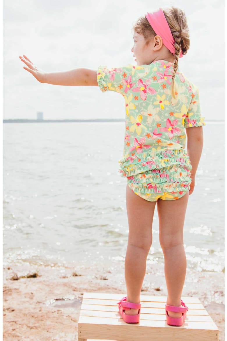 Waltzing On Water Two-Piece Rashguard Swimsuit & Head Wrap Set, Alternate, color, PINK