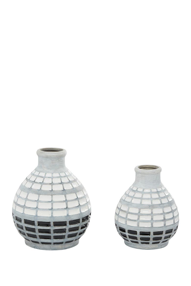 Gray Ceramic Handmade Vase with Grid Patterns - Set of 1, Alternate, color, GREY