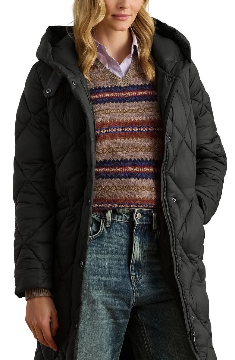 Lauren Ralph Lauren Soft Quilted Hooded Longline Coat, Alternate, color, Black
