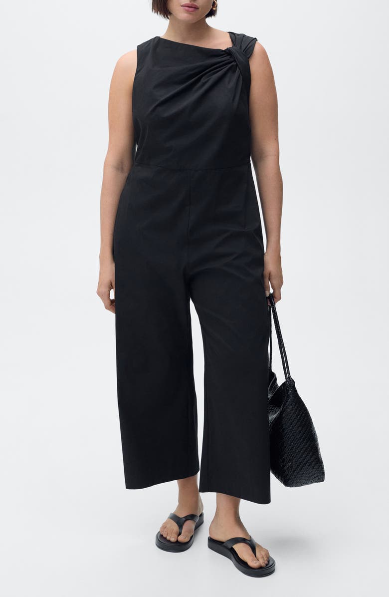 MANGO Asymmetric Neck Cotton Blend Crop Jumpsuit, Alternate, color, Black