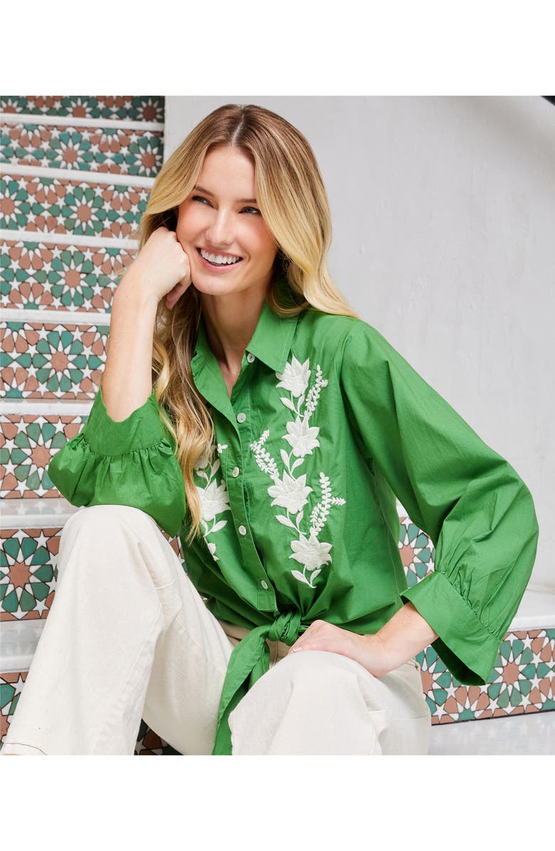 Karen Kane Embroidered Tie Front Cotton Shirt, Alternate, color, Green