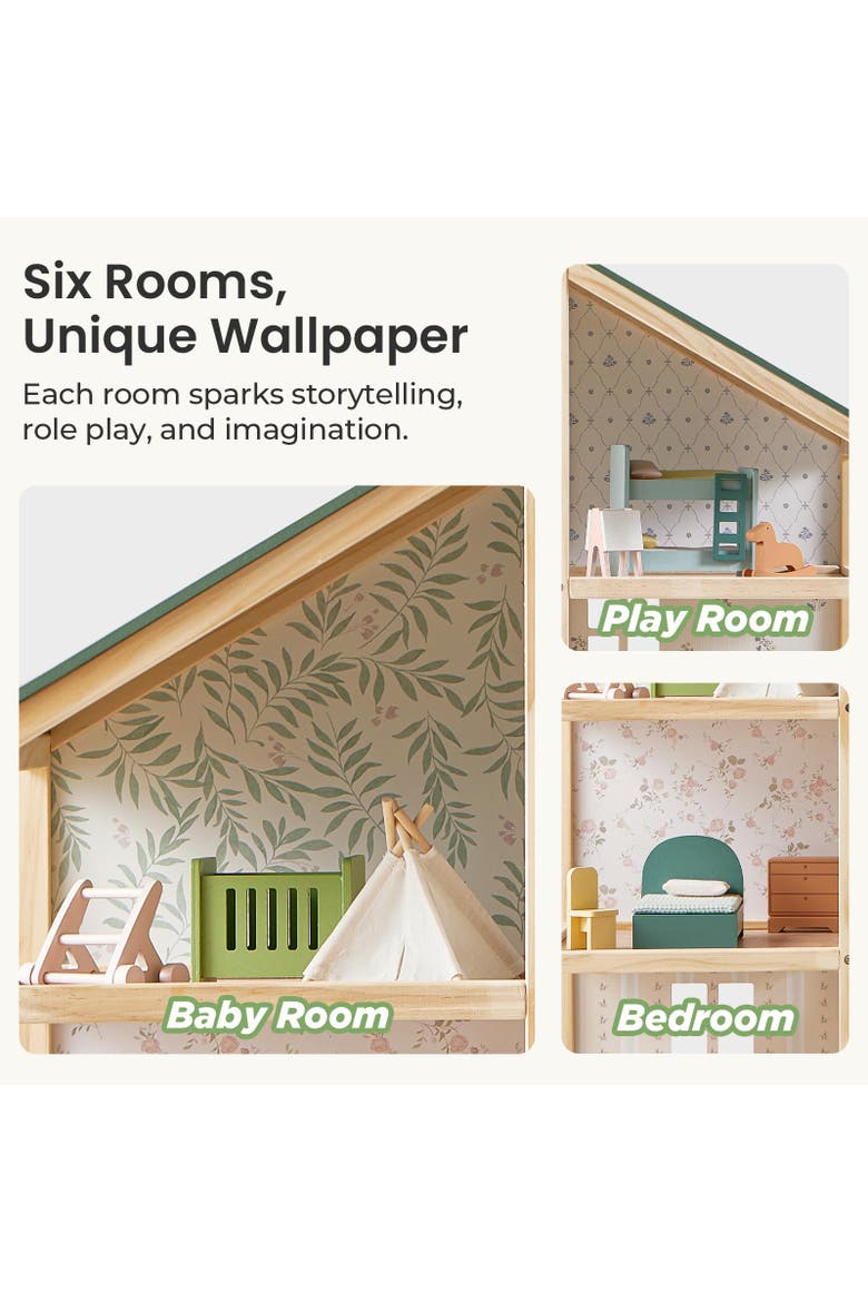 Wooden Dollhouse Set with 6 Rooms and 31 Piece Furniture for Kids, Alternate, color, Multicolor