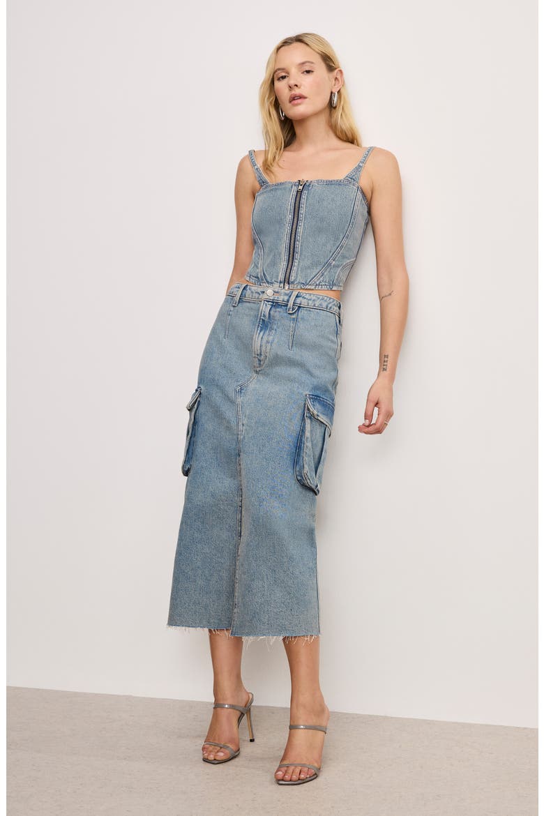 Frayed Hem Denim Cargo Skirt, Alternate, color, INDIGO762