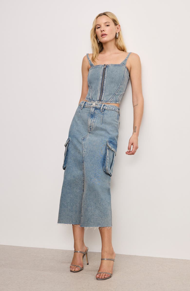 Good American Frayed Hem Denim Cargo Skirt, Alternate, color, 