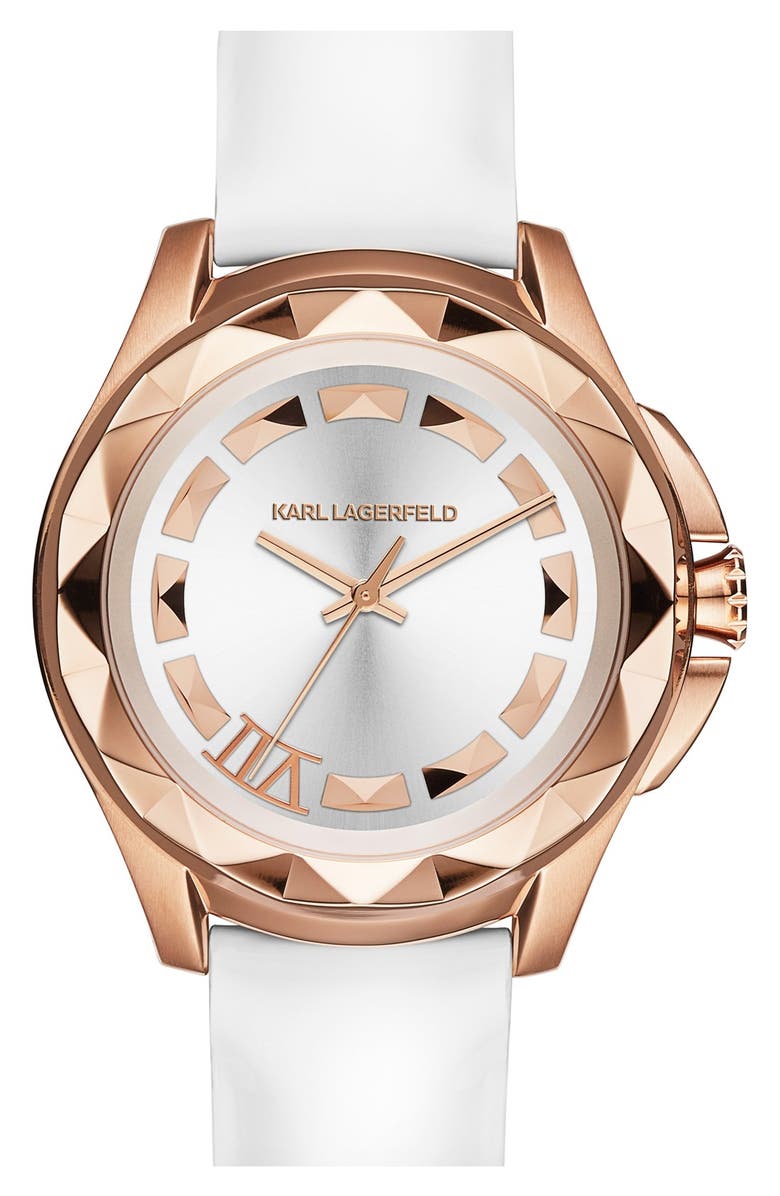 KARL LAGERFELD PARIS KARL LAGERFELD '7' Faceted Bezel Leather Strap Watch, 44mm, Main, color,