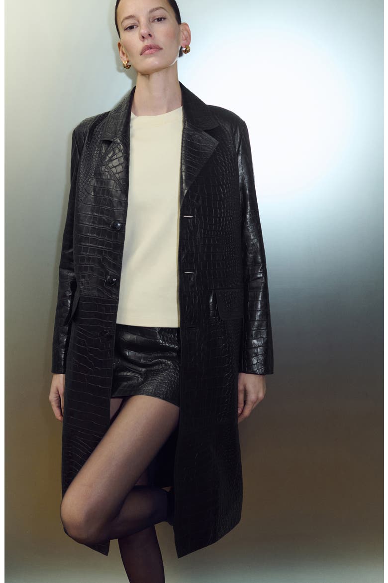 Croc Embossed Leather Coat, Alternate, color, BLACK