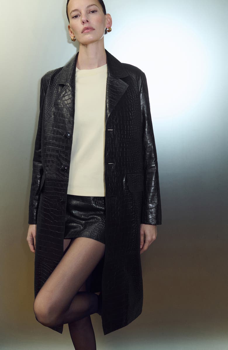 MANGO Croc Embossed Leather Coat, Alternate, color, 