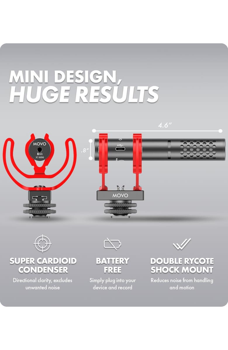 MOVO X1-Mini Video Shotgun Mic - Supercardioid 3.5mm/USB-C Analog/Digital Microphone for Cameras, Smartphones, Computers, Alternate, color, Black