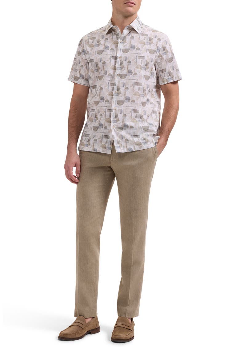 Vero Shaped Fit Geometric Print Short Sleeve Button-Up Shirt, Alternate, color, KHAKI