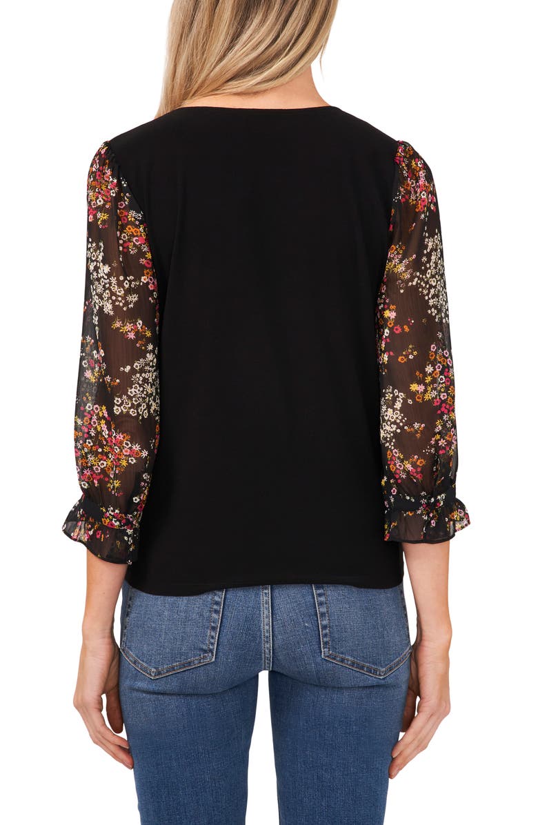CeCe Floral Sleeve Mixed Media Top, Alternate, color, 