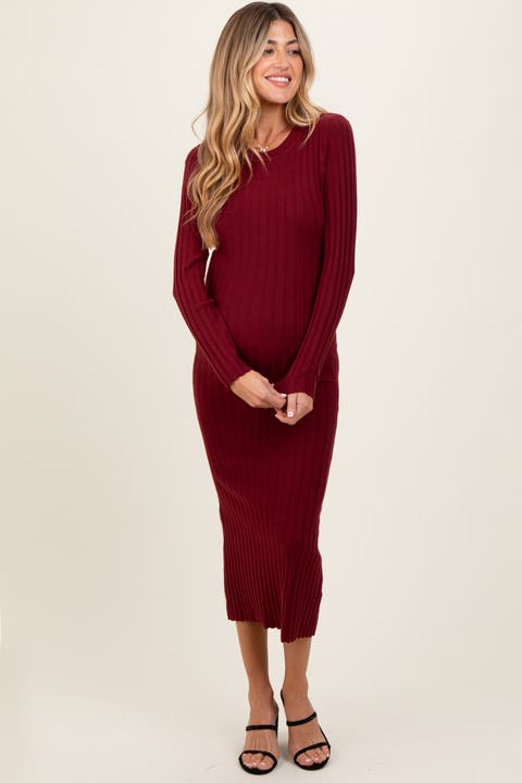 Ribbed Knit Fitted Midi Sweater Dress