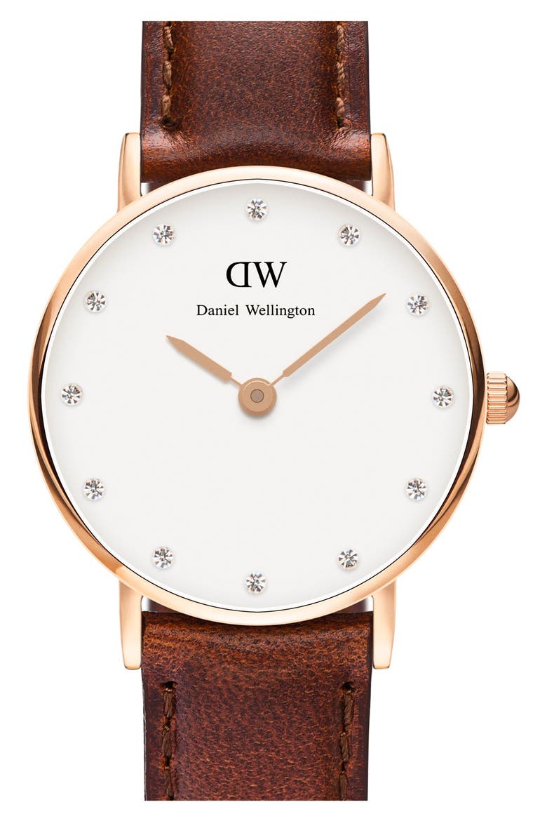 'Classy St. Mawes' Crystal Index Leather Strap Watch, 26mm, Main, color, BROWN/ ROSE GOLD