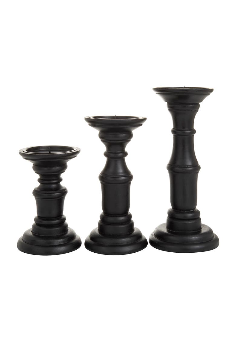 Black Mango Wood Turned Style Pillar Candle Holder - Set of 3, Alternate, color, BLACK