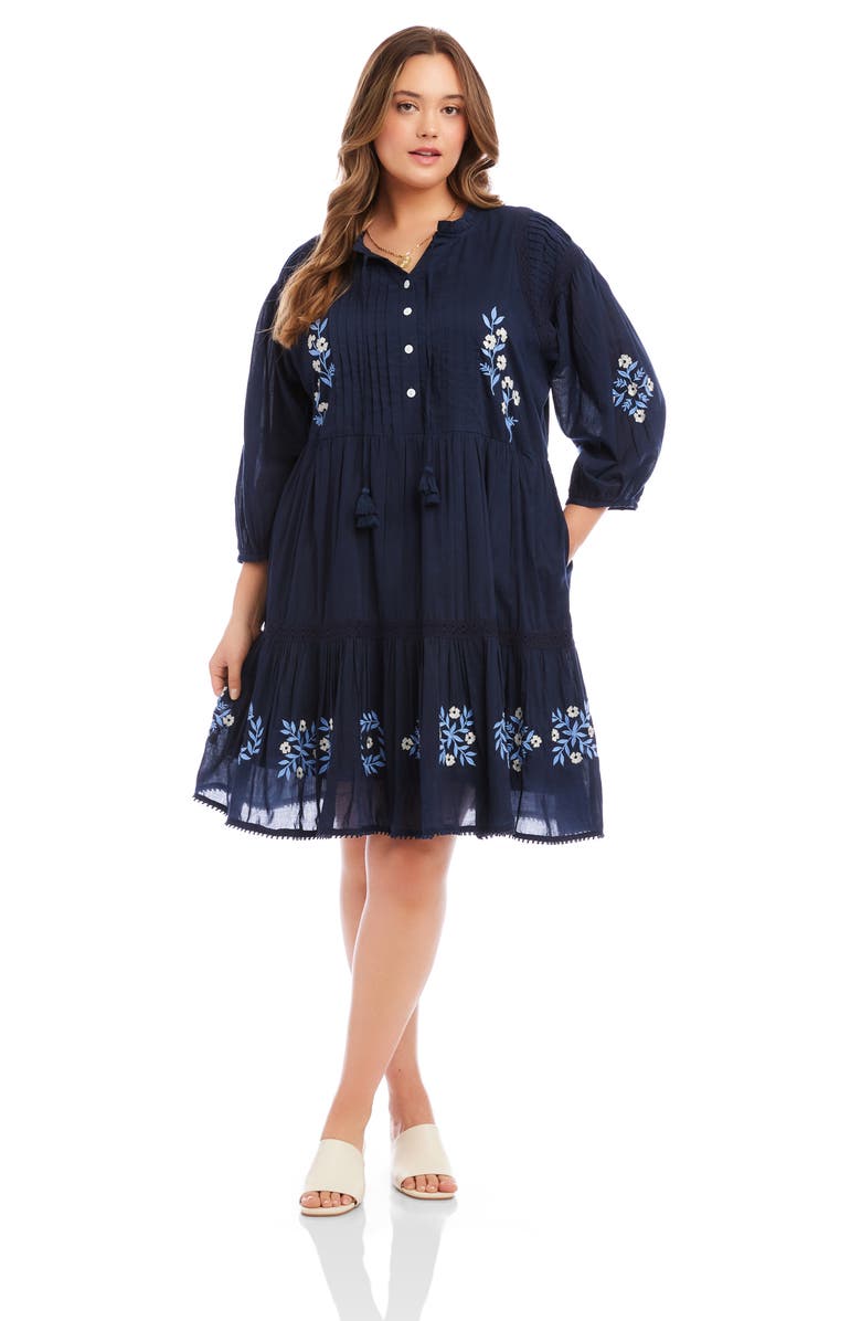 Karen Kane Floral Embroidered Tassel Cotton Dress, Alternate, color, Navy