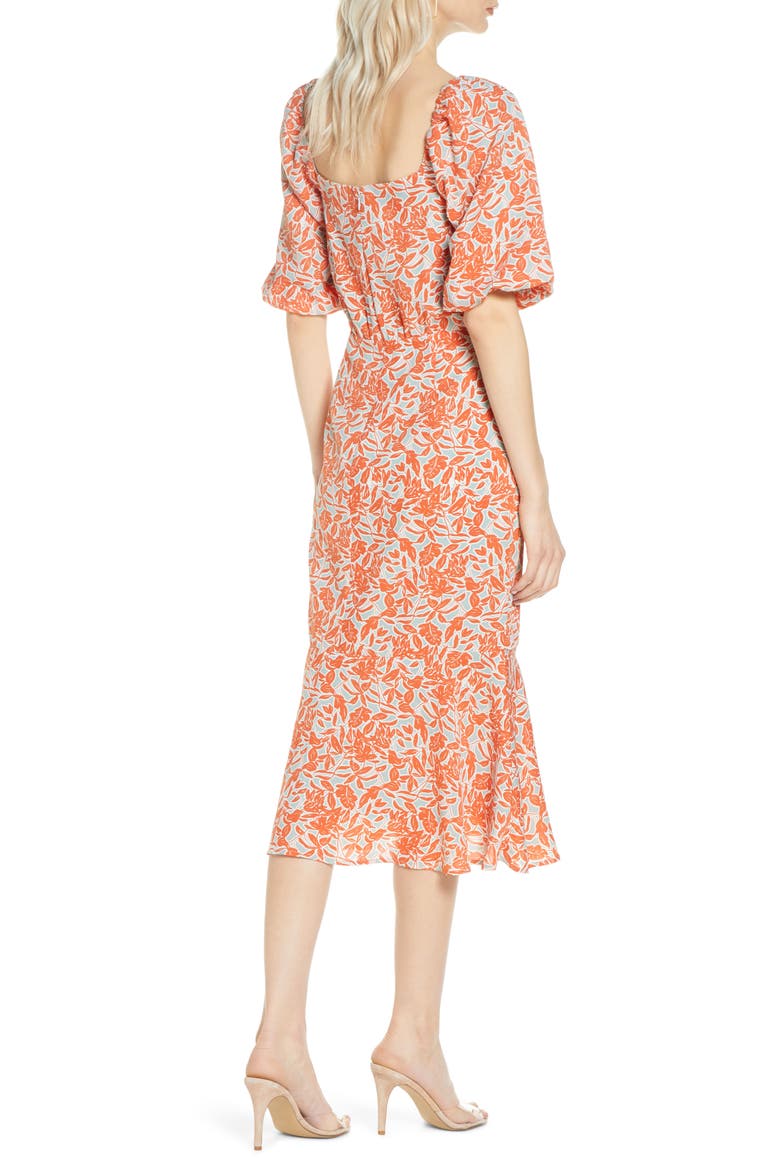 Floral Print Blouson Midi Dress, Alternate, color, ORANGE- BLUE FLORAL PRINT
