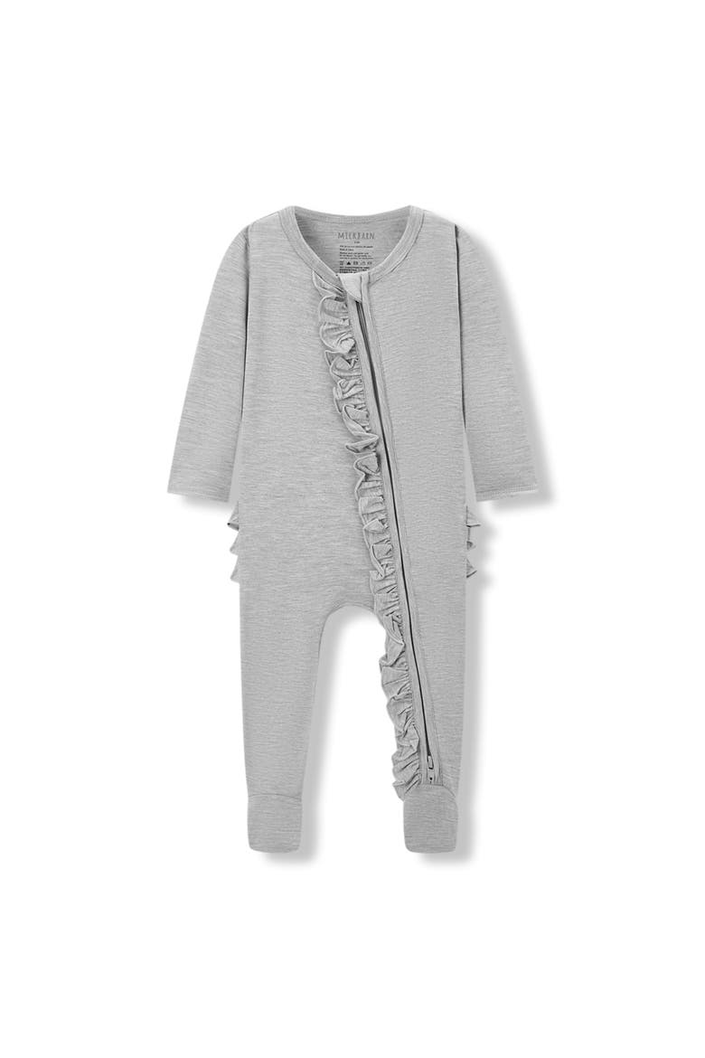 Luxe Solid Ruffle Footed Romper, Main, color, Grey Melange