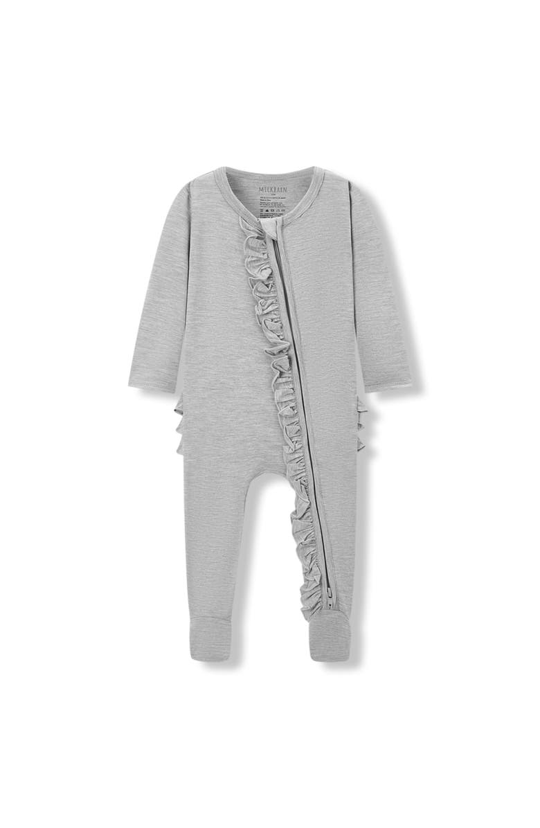 Milkbarn Luxe Solid Ruffle Footed Romper, Main, color, Grey Melange