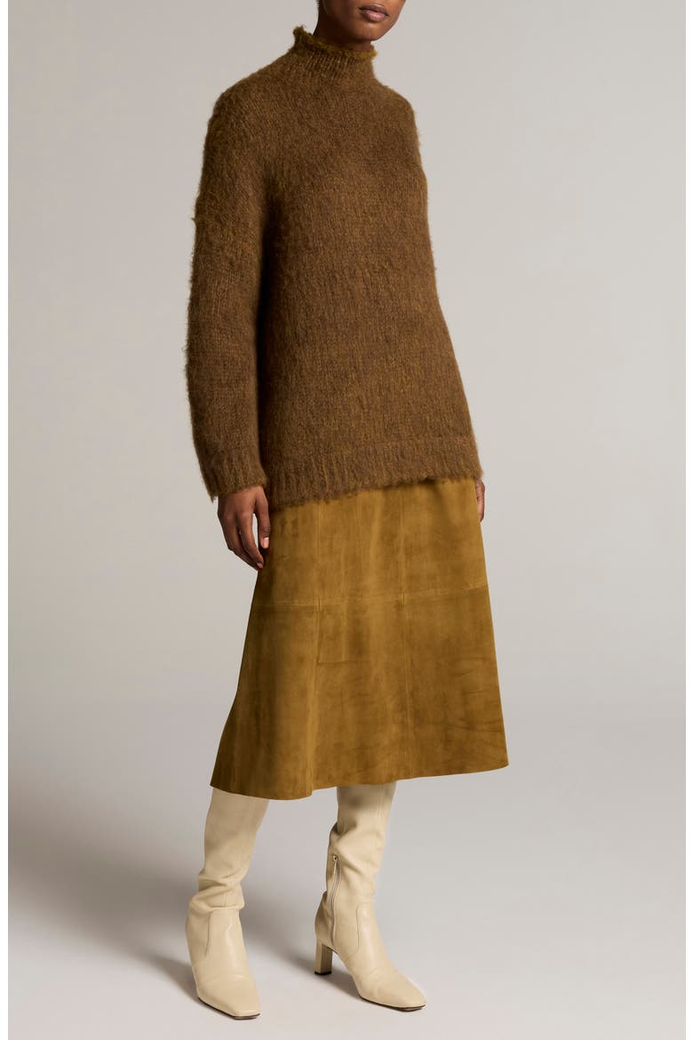 Oversize Brushed Turtleneck Wool & Cotton Sweater, Alternate, color, MOSS OCHRE