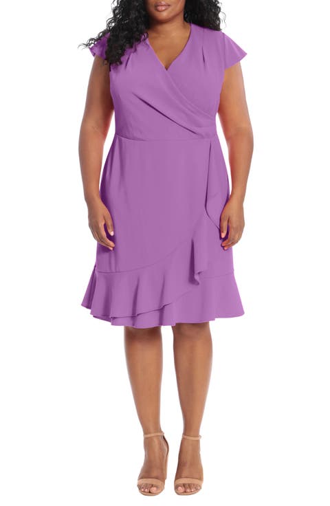 Pleated Flounce Faux Wrap Dress (Plus Size)