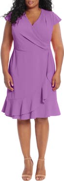 London Times Pleated Flounce Faux Wrap Dress