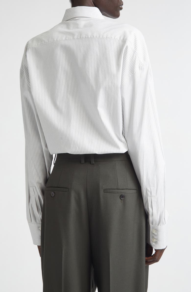 Saint Laurent Stripe Longline Cotton Button-Up Shirt, Alternate, color, Blanc Gris