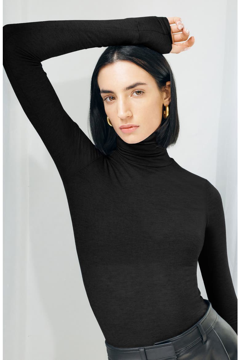 Eloise Turtleneck Semisheer Jersey Top, Alternate, color, BLACK