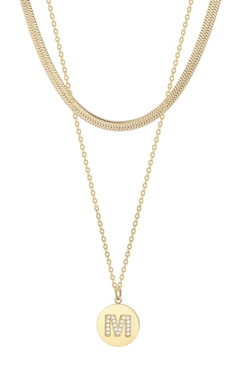 Set of 2 Initial Pendant & Herringbone Necklaces