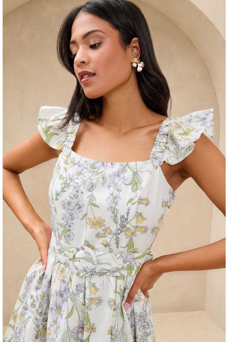 Floral Print Ruffle Belted Midi Dress, Alternate, color, WHITE