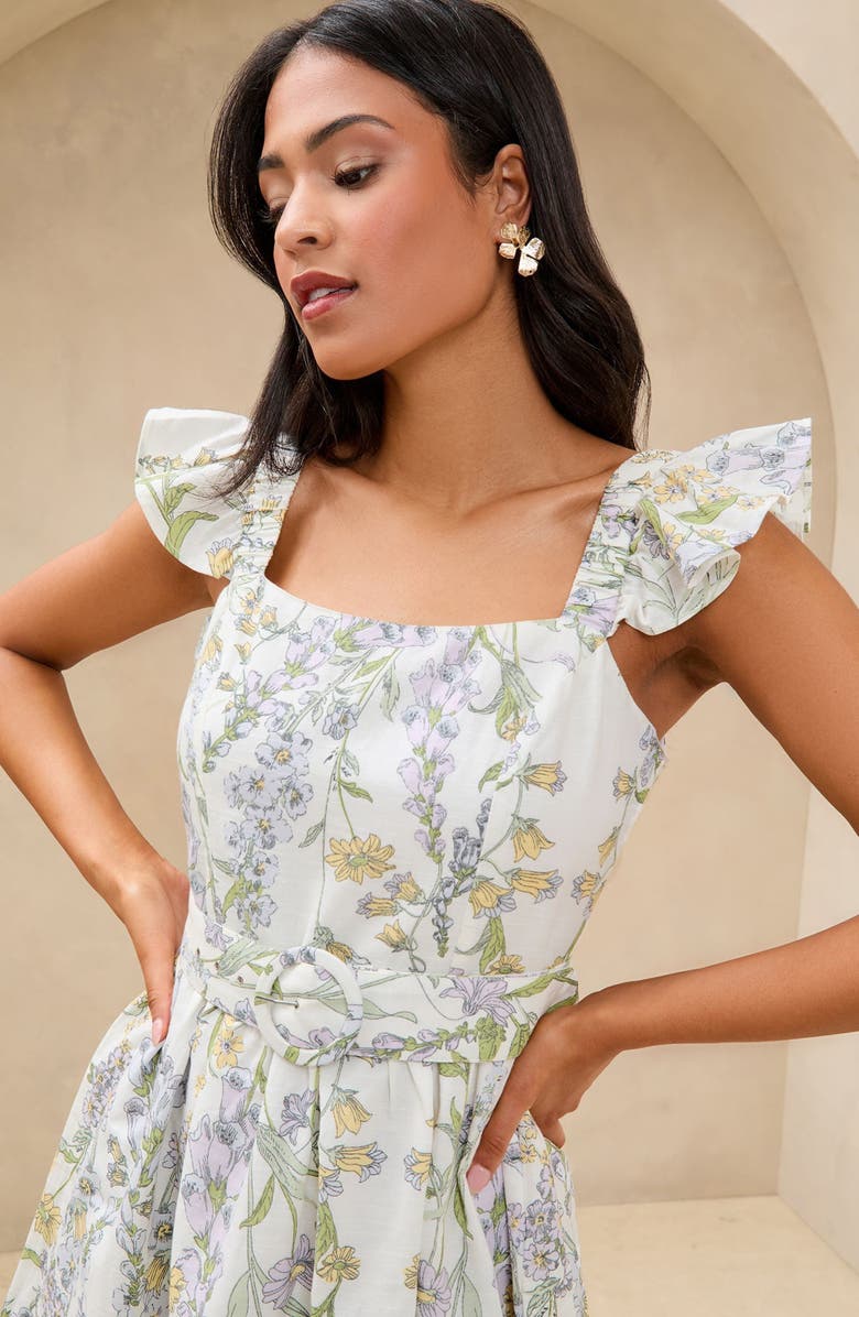 Lipsy Floral Print Ruffle Belted Midi Dress, Alternate, color, White