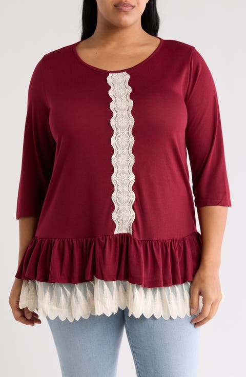 Three-Quarter Sleeve Crochet Peplum Top (Plus)