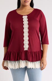 Forgotten Grace Three-Quarter Sleeve Crochet Peplum Top