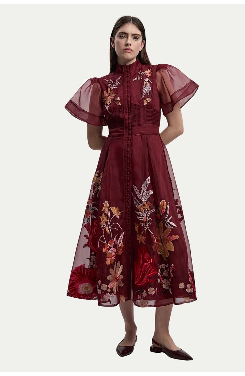 Karen Millen Embroidered Short Sleeve Midi Dress, Main, color, Purple