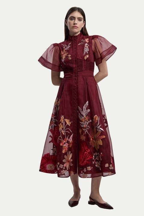 Embroidered Short Sleeve Midi Dress