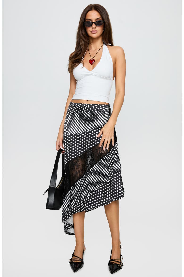 Midnight Memories Mixed Polka Dot & Lace Asymmetric Midi Skirt, Alternate, color, BLACK MULTI