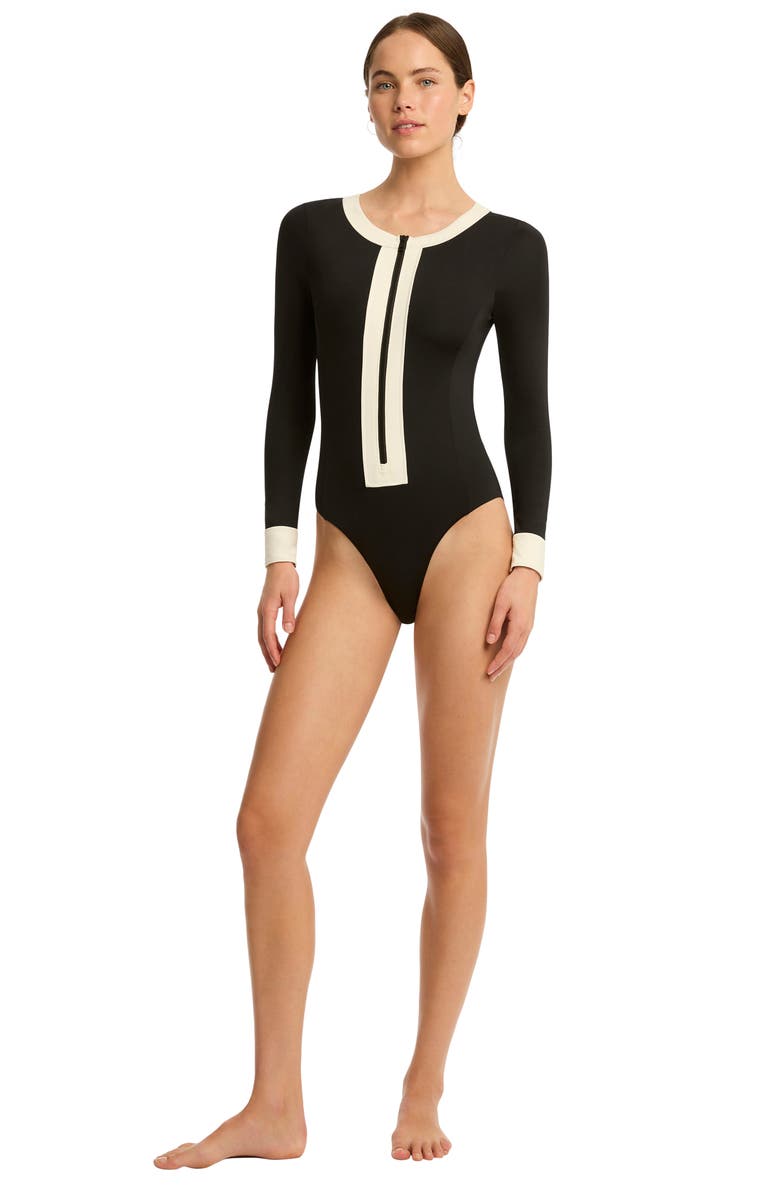 Sea Level Border Long Sleeve One-Piece Rashguard Swimsuit, Alternate, color, 