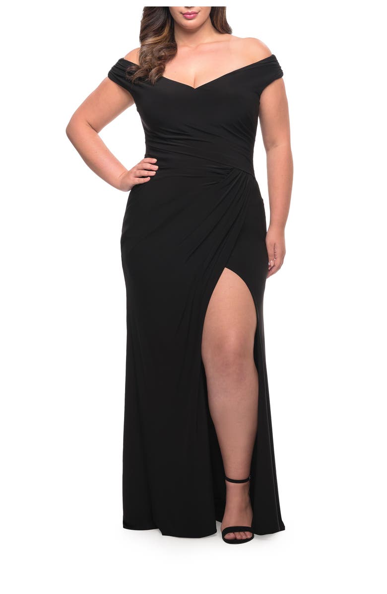 La Femme Matte Jersey Long Plus Dress with Ruching and Slit, Main, color, Black