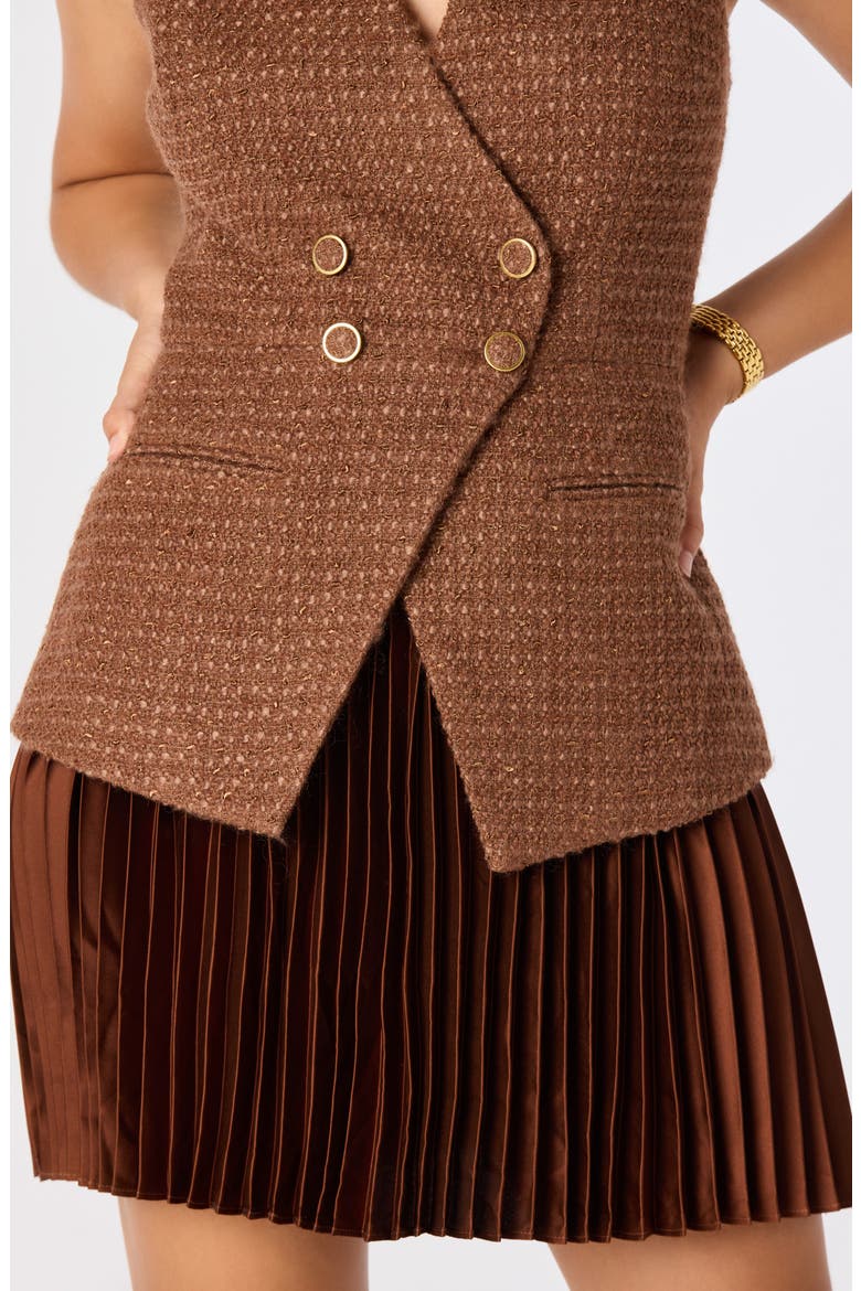 Allyson Tweed & Satin Pleated Minidress, Alternate, color, BROWN