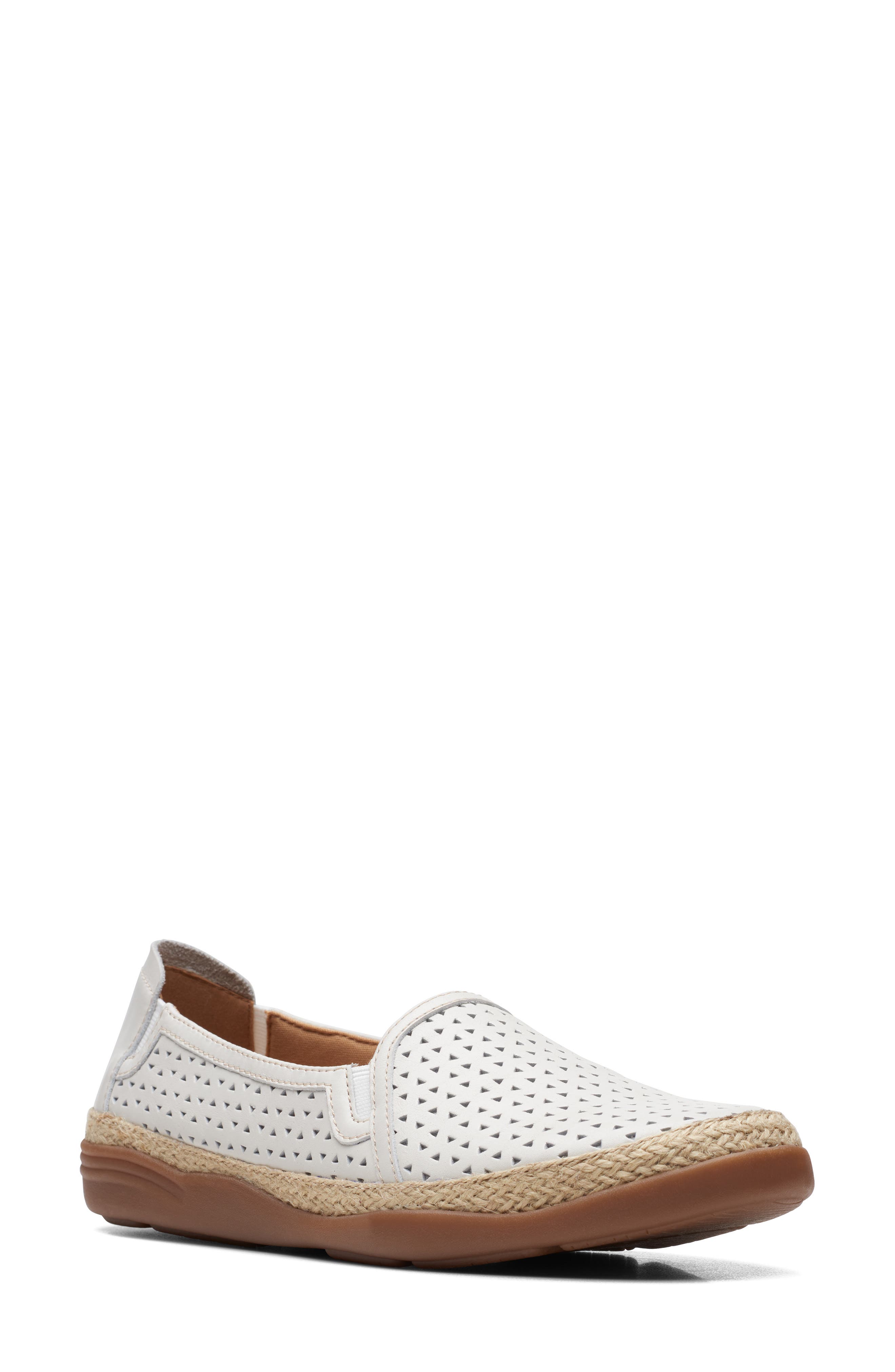 Clarks<sup>®</sup> Elaina Ruby Laser Cut Espadrille Flat - Wide Width Available, Main, color, White Leather