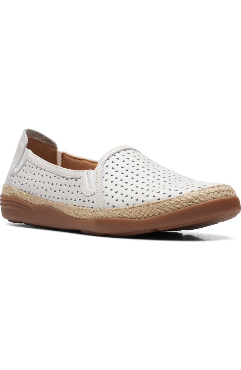 Clarks<sup>®</sup> Elaina Ruby Laser Cut Espadrille Flat - Wide Width Available, Main, color, White Leather